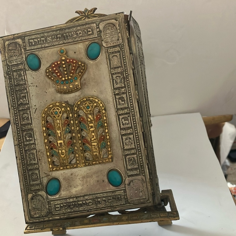 Vintage judaica jewel encrusted bible with stand